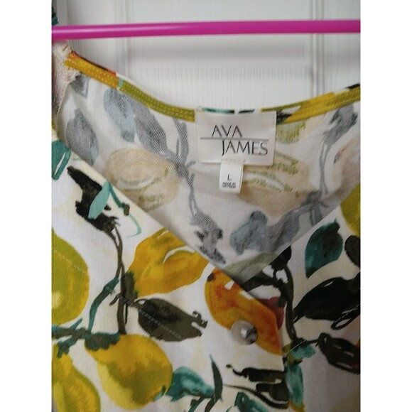 Ava James Woman L Shirt V Button Fruit Linen Blend Tie Front SS cropped - Picture 2 of 6